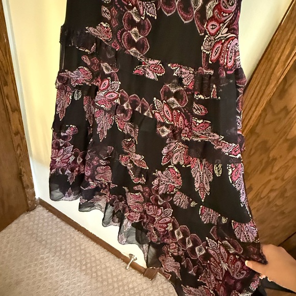 Bebe Black and Purple Ruffle Flowy Maxi Dress Bohemian V-Neck - Picture 6 of 7